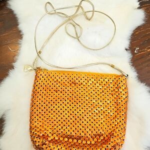 WHITING & DAVIS Orange Mesh Bag with Gold Leather‎ Strap Vintage 1950s
